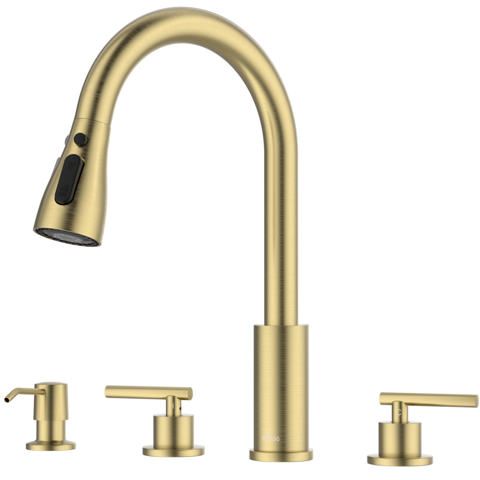 APPASO 4 Hole Kitchen Faucet, Gold Two Handle Kitchen Faucets with Sprayer, Modern High Arc 3 Hole Kitchen Faucet with Pull Down