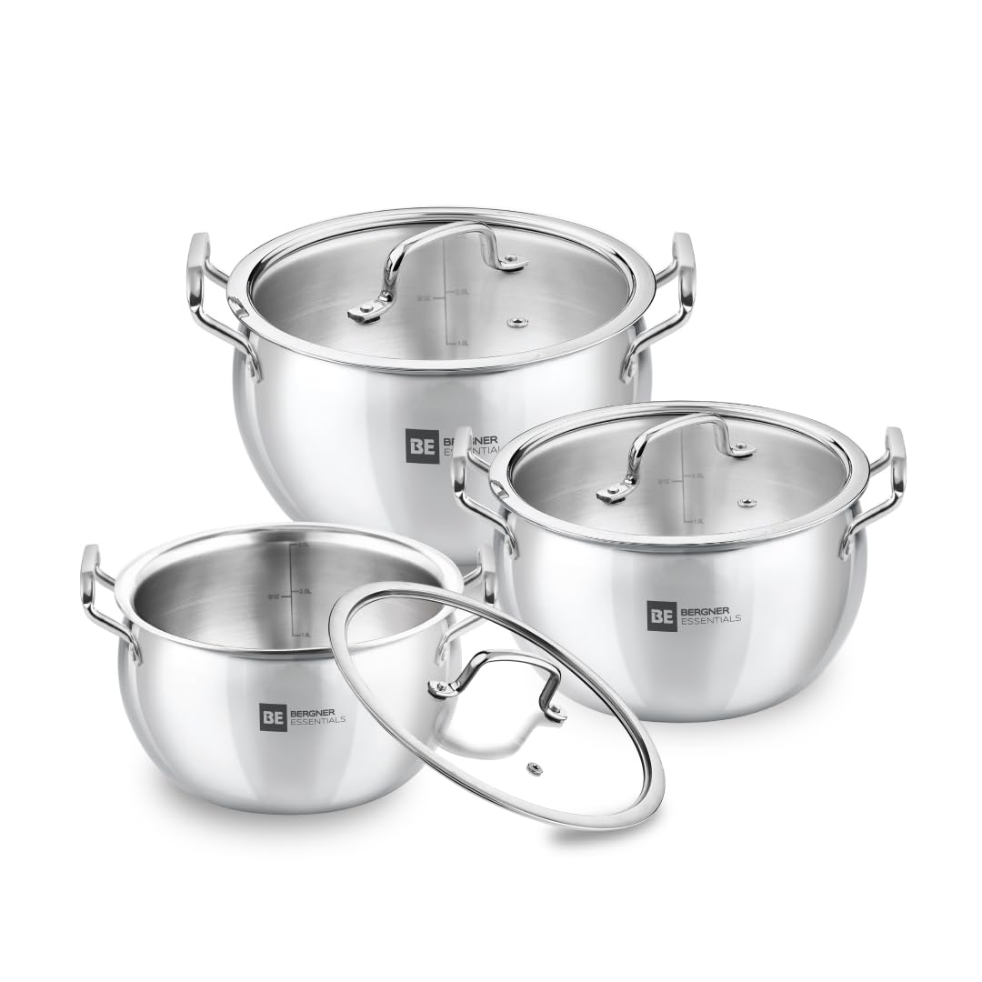 Bergner Be Essentials Triply Stainless Steel 3 Pcs Rice Handi Set - 16Cm / 2L, 18Cm / 3.2L, 20Cm / 4.2L With 3 Flat Glass Lids, 