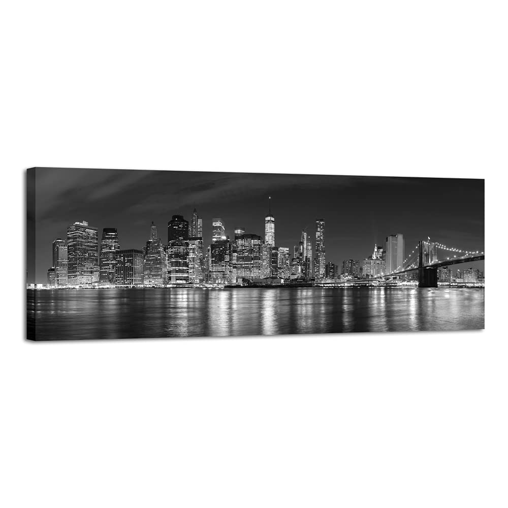 Wieco Art New York Manhattan Night View In Black And White Giclee Canvas Prints Modern Stretched And Framed Art Work Cityscape P