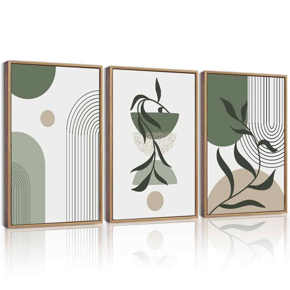 KUVIOKE Boho Wall Art Framed Botanical Modern Plants Wall Printing Green Neutral Abstract Geometric Prints Bohemain Sage Decor f