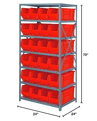Quantum 2475-951Rd Shelving Unit, 24D X 36L X 75H, Carbon Steel, Galvanized With Red Bins
