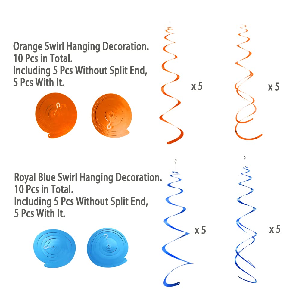 Mowo Orange And Royal Blue Foil Swirl Hanging Decoration For Birthday Graduation New Year Halloween Party Supplies,Pack Of 20