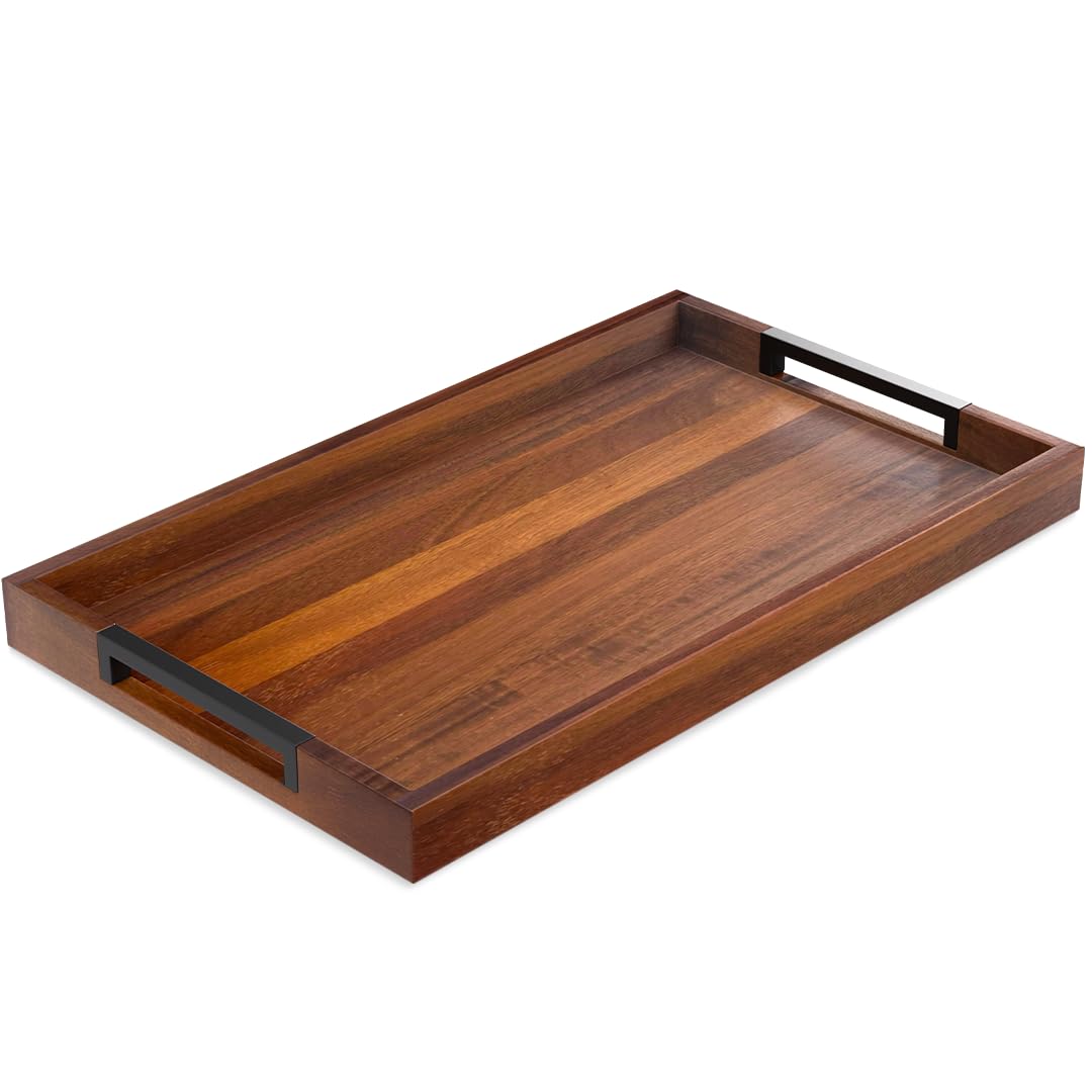 Acacia Wood Serving Tray With Handles  16.5X12 Large Decorative Wooden Tray With 2 Silicone Mats  Home, Restaurant, Caf & Ho