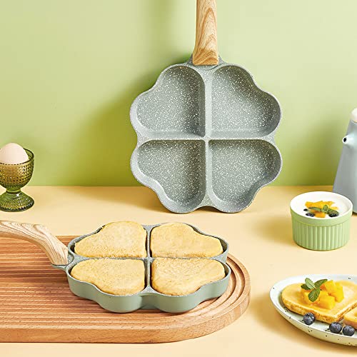 Dafeike Heart Pancake Pan Heart Shape Egg Pan Nonstick 4 Leaf Clover Egg Frying Pan Non Stick Aluminum Heart Egg Skillet, Green