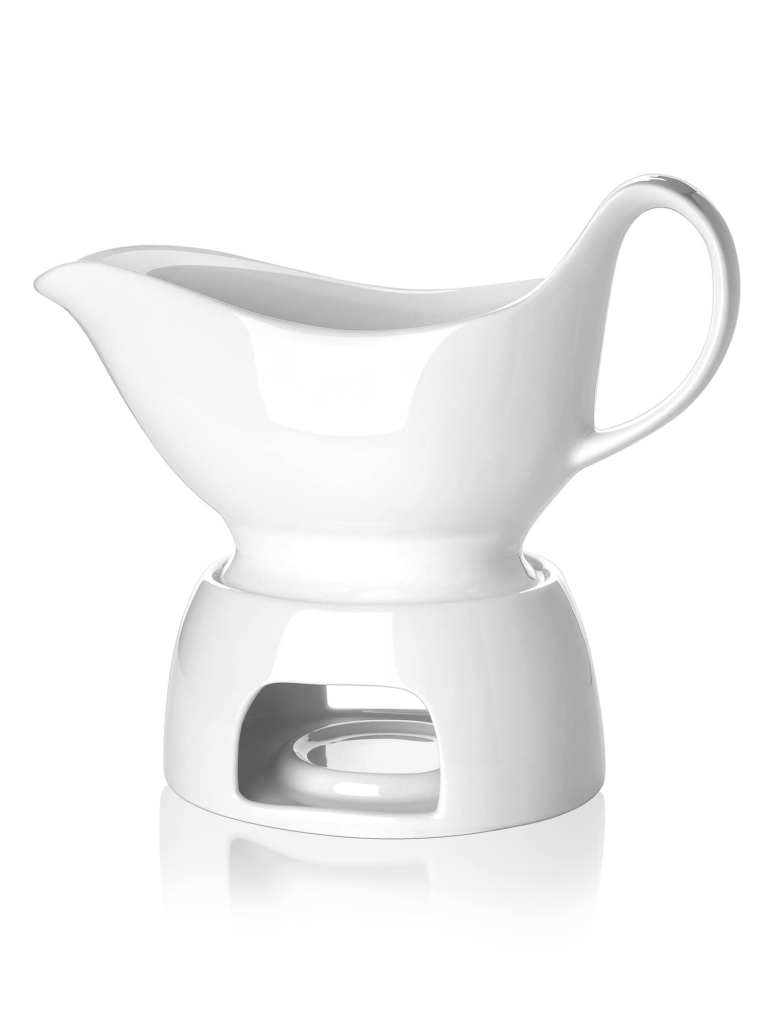 Nucookery Large Classic 17 Oz Gravy Boat With Warmer, White Fine Porcelain Saucier With Big Dripless Lip Spout, Bowl For Thanksg