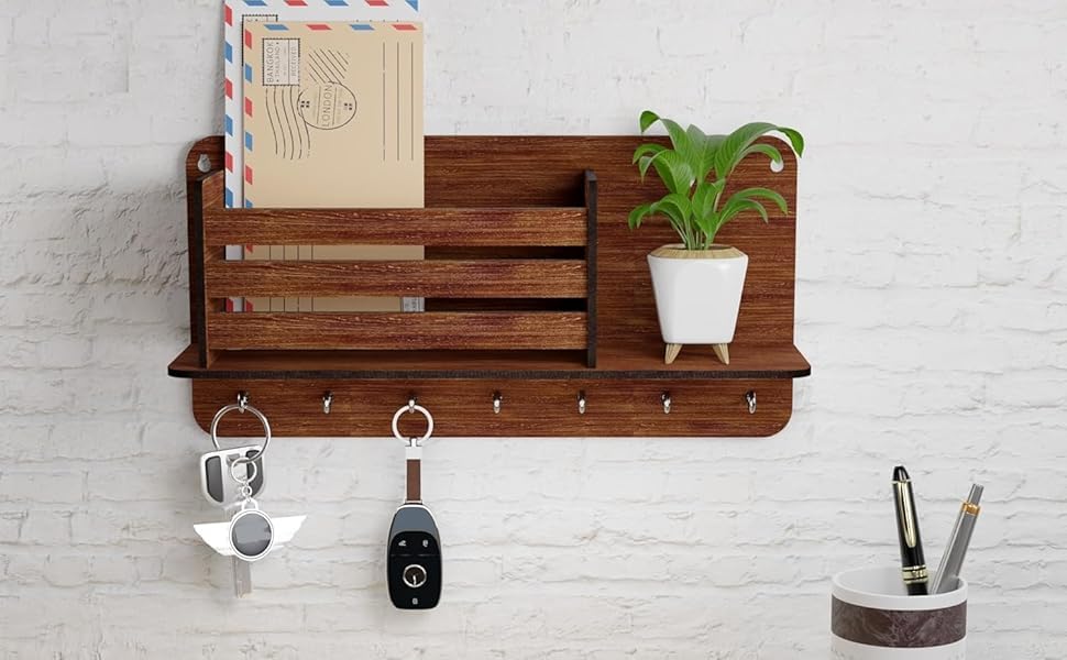 Wall Mounted Key Holder Organizer, Kitchen Cabinet Door Hanging Key Rack with Hooks and Key Rings, Brown