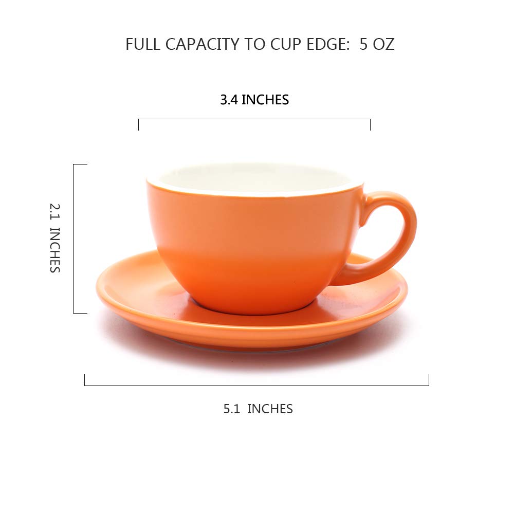 Coffeezone Ceramic Latte Art Cup And Saucer For Latte & Cappuccino, Mate For Coffee Shop And Barista (Matte Orange, 10.5 Oz)
