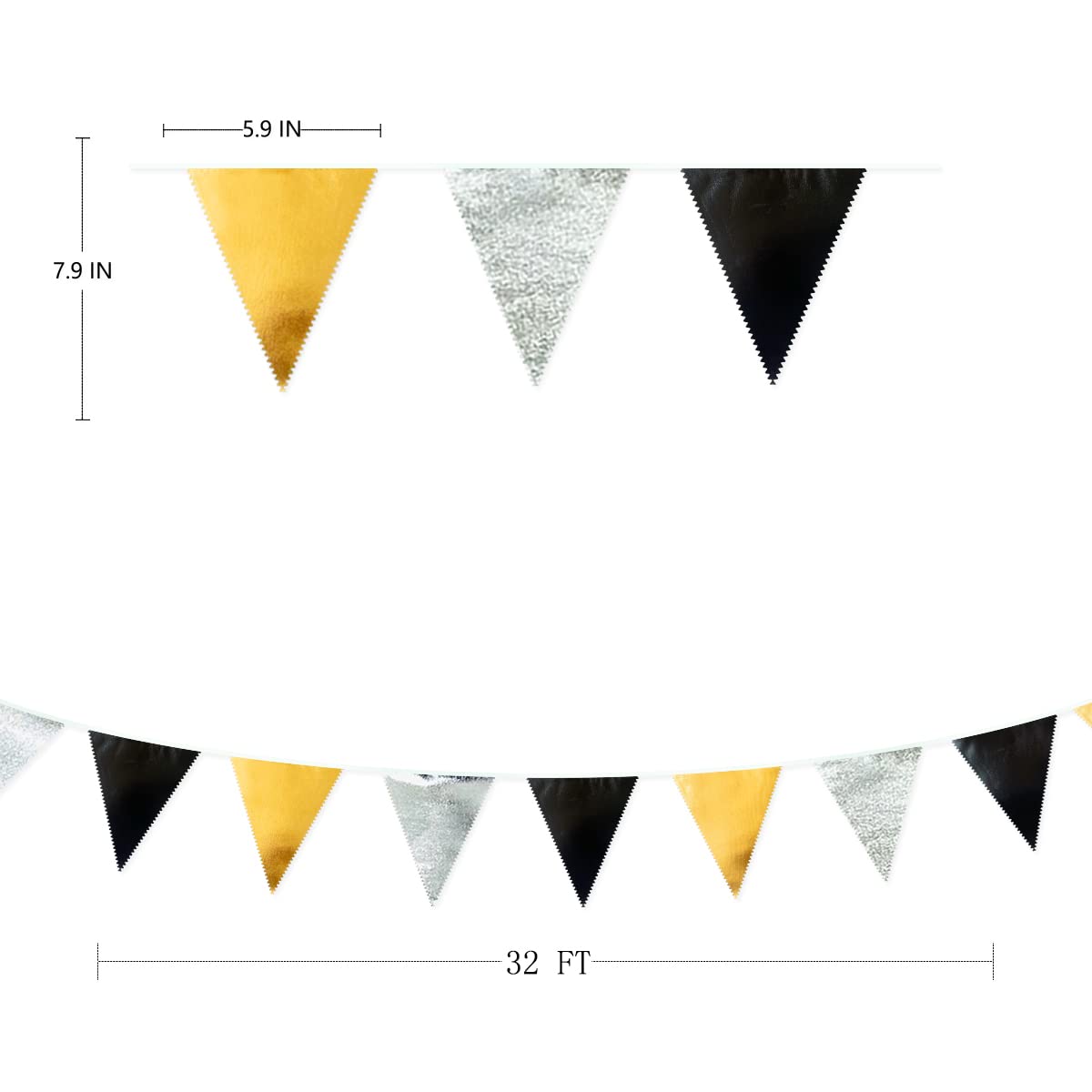 Black Gold Silver Party Decoration Triangle Pennant Banner Flag Metallic Fabric Bunting Garland For Birthday Graduation Annivers