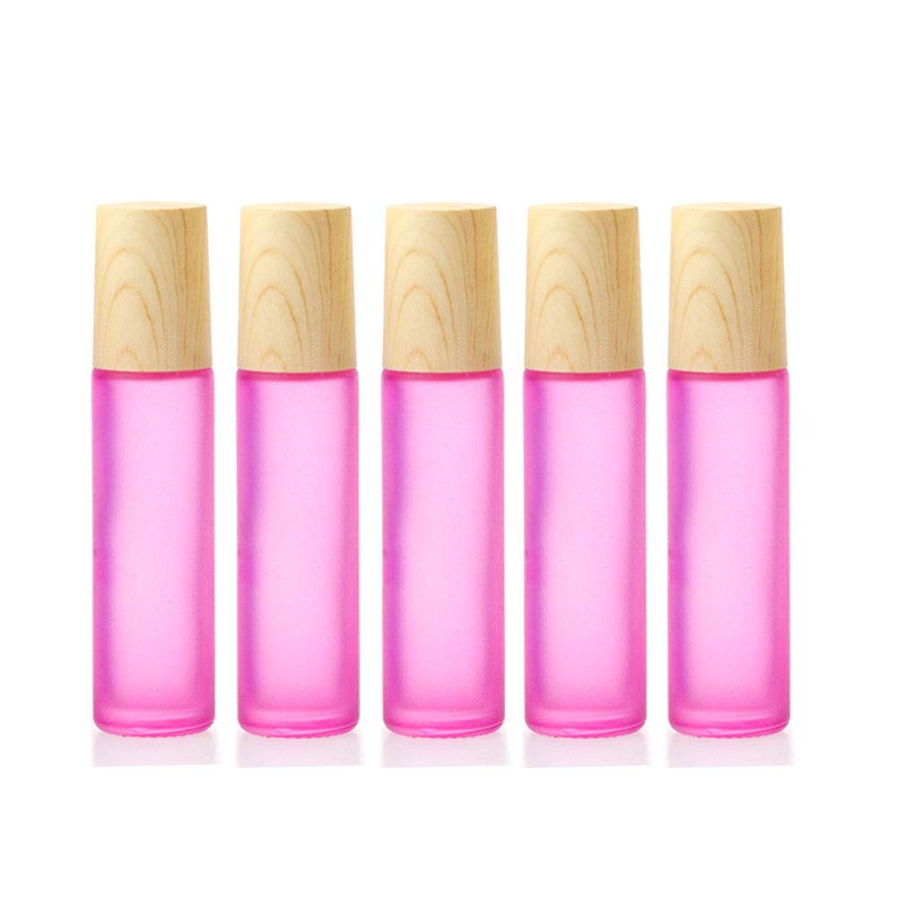 Essential Oil Roller Bottles,5 Pack 10Ml Colorful Frosted Glass Roller Bottles With Stainless Steel Roller Balls,Wood Grain Lid