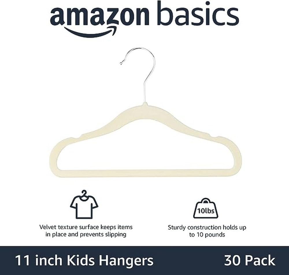 Amazon Basics Kids Velvet, Non-Slip Clothes Hangers For Infant And Toddler, 11.6 Inches (For Baby Clothes), Pack Of 30, Beige