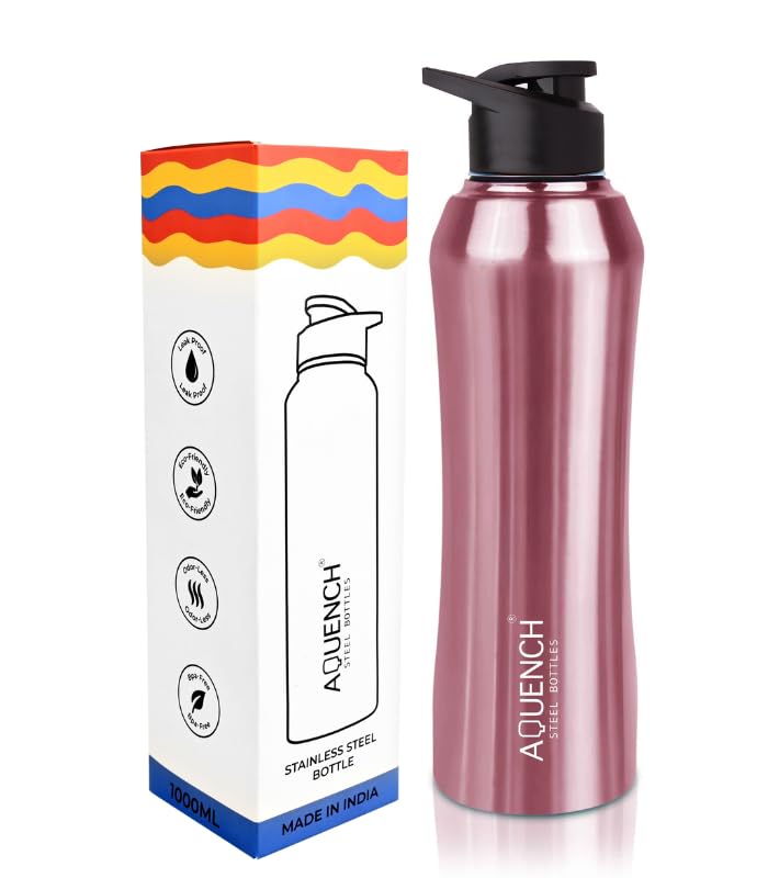 Aquench Stainless Steel Water Bottle, 1 Litre Capacity, Turquoise Gradient, Leak-Proof Sipper Cap (Pack Of 6, Pink)