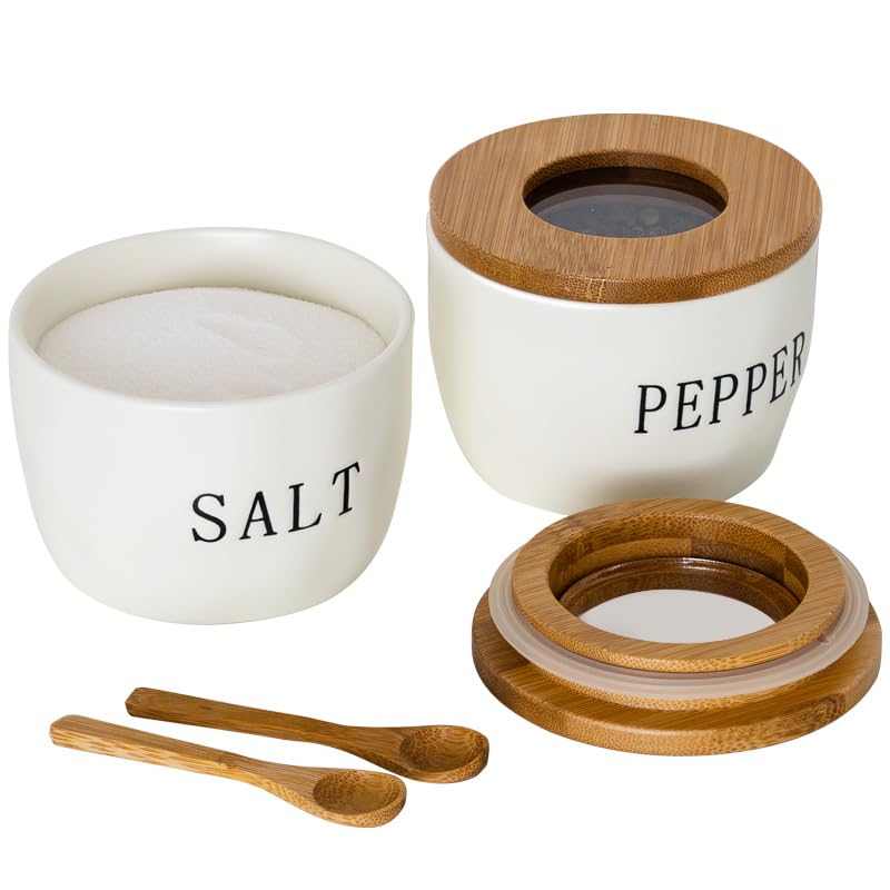 Howise 2 Pack White Rustic Salt Pepper Bowl Set, Ceramic Salt and Pepper Containers with Visible Airtight Bamboo Lid and Spoon, 