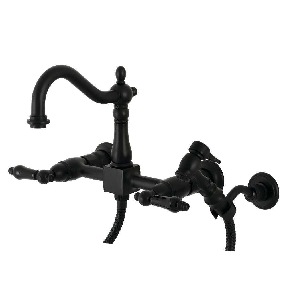 Kingston Brass KS1260PKLBS Duchess Wall Mount Bridge Kitchen Faucet with Brass Sprayer  Matte Black