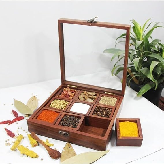 Shopsidex Nine Blends Spice Box With 12 Containers & Spoon (Sheesham Wood)  Wooden Spice Box Set For Kitchen Masala Spice Boxes