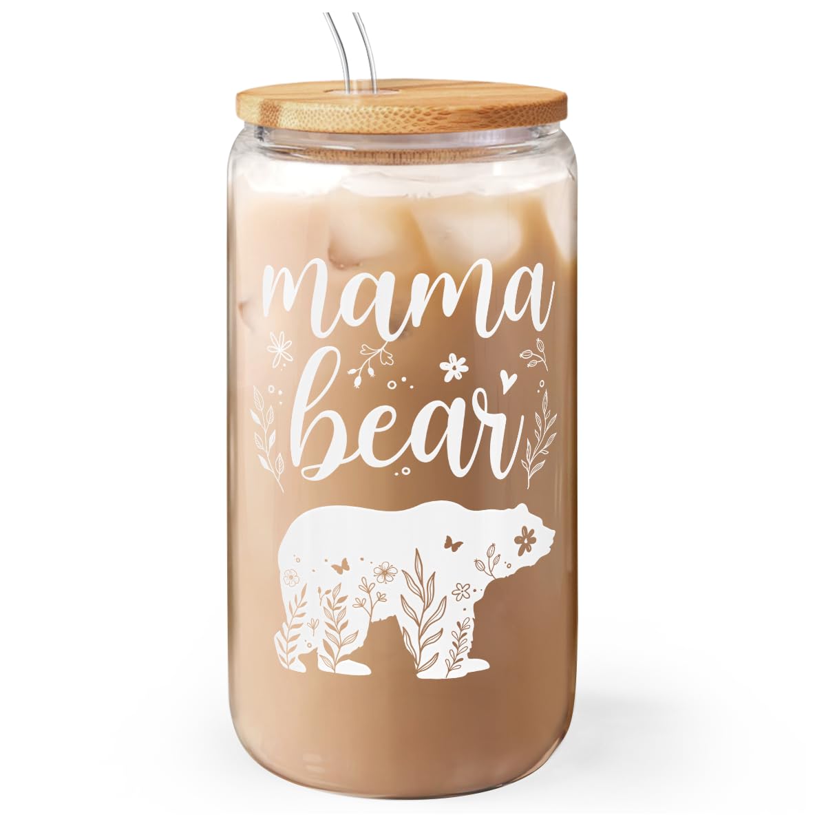 Mom Gifts - Mama Bear 16 Oz Can Glass Tumbler with Bamboo Lid and Straw - Iced Coffee Cups for Women, Aesthetic Glass Cup Gift f