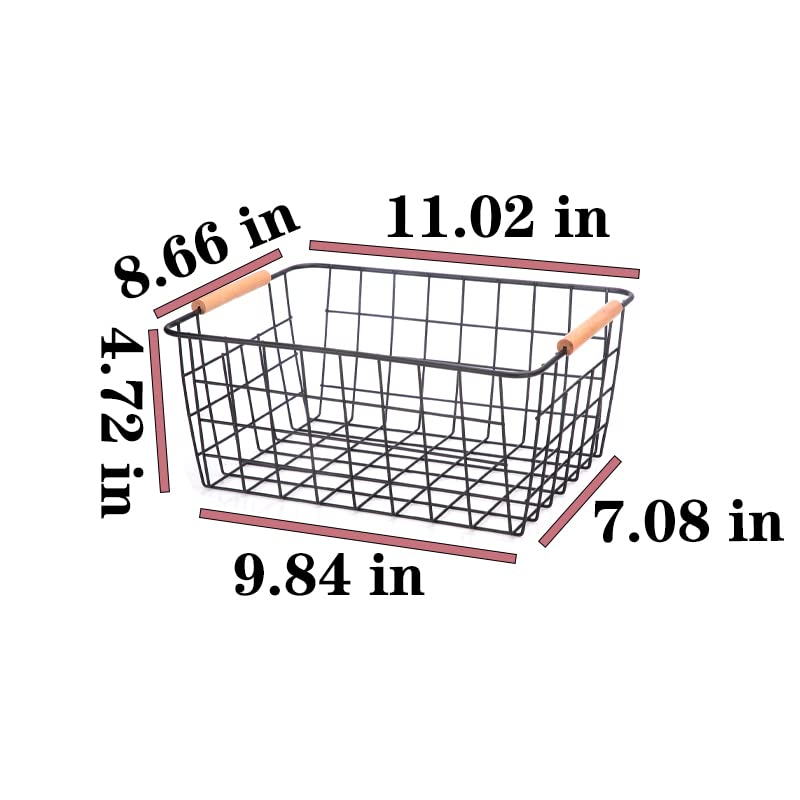 Lelecat Wire Baskets With Wooden Handles, Wire Storage Organizer Baskets , Household Refrigerator For Cabinets, Pantry, Closets,