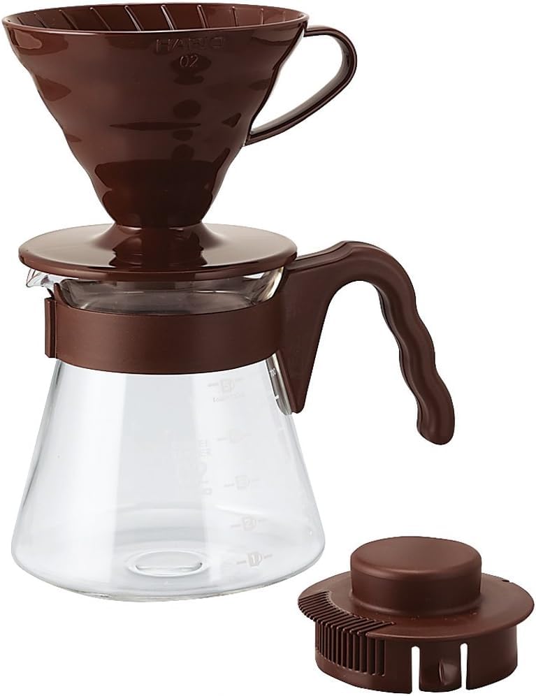 Hario V60 Pour Over Starter Set With Dripper, Glass Server, Scoop And Filters, Size 02, Brown