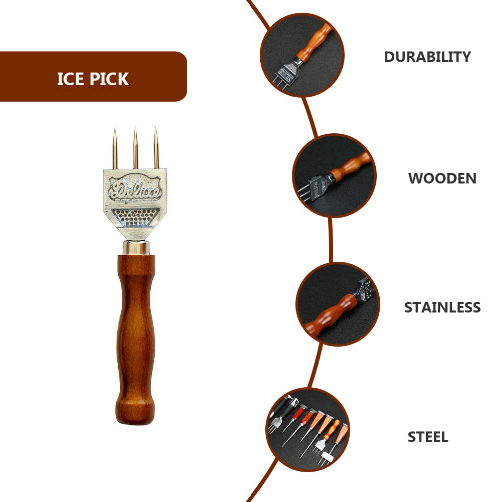 Doitool Ice Pick Stainless Steel Ice Crusher With Safety Wood Handle For Kitchen Tool, Three Prong Ice Pick Japanese Style Ice C