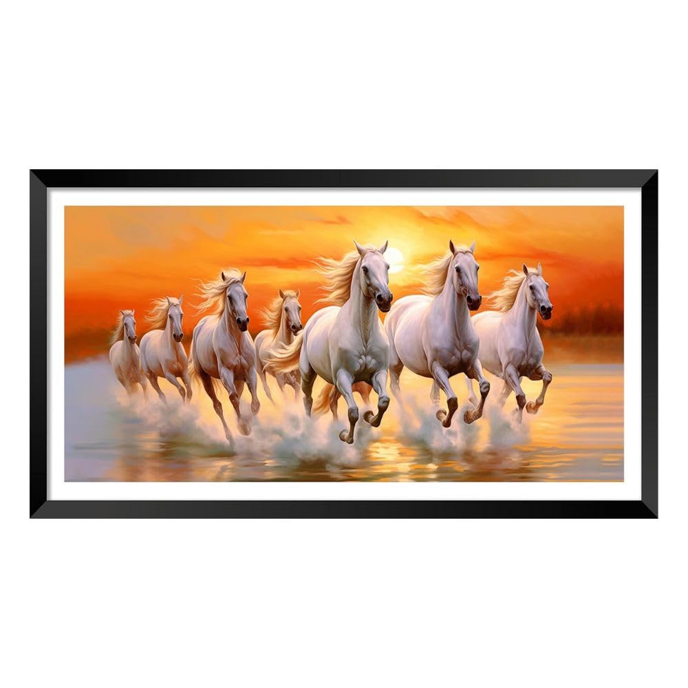 Decorsmantra Seven White Running Horses Vastu Paintings For Living Room|7 Running Horses Vastu Painting Wall Decoration|Vastu Ph