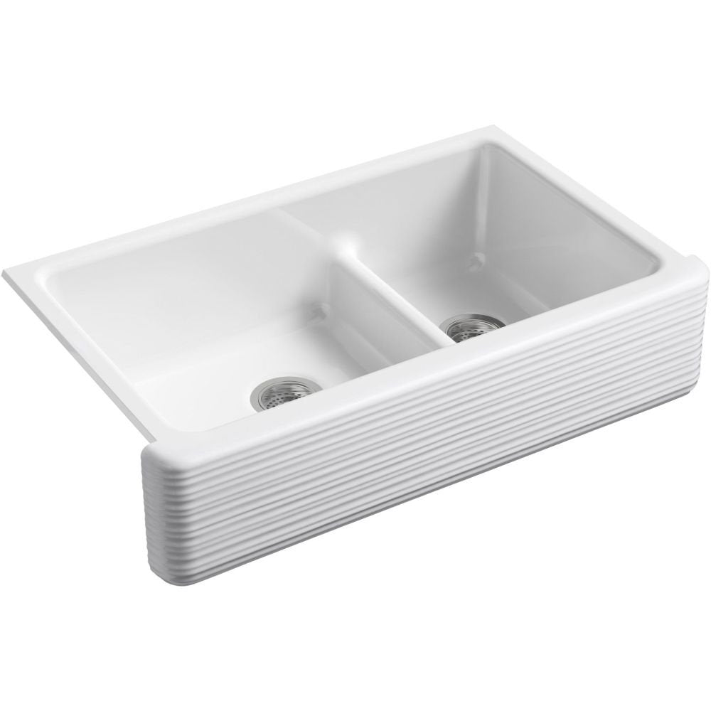 KOHLER Whitehaven Farmhouse Self-Trimming Apron Front Cast Iron Sink, Double Bowl with Ridged Apron, 36 Inch, White