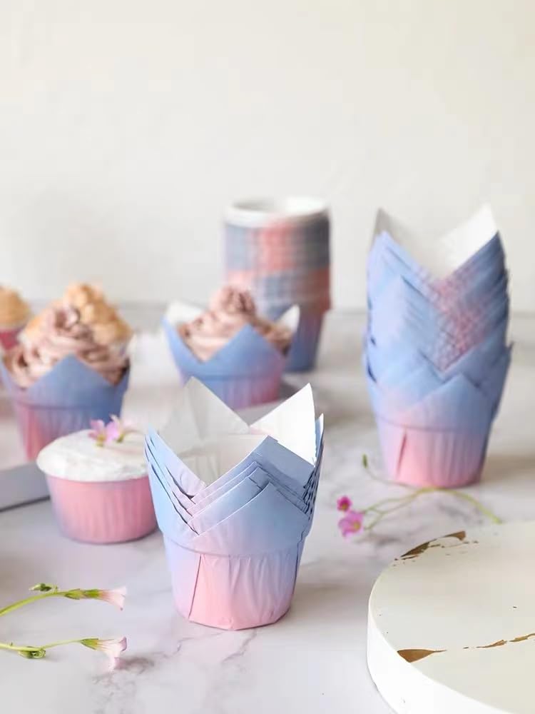 Srivija 100Pcs Greaseproof Paper Muffin Liners,Tulip Cupcake Liners,Baking Liners,Premium Baking Cups Cupcake Wrappers For Party