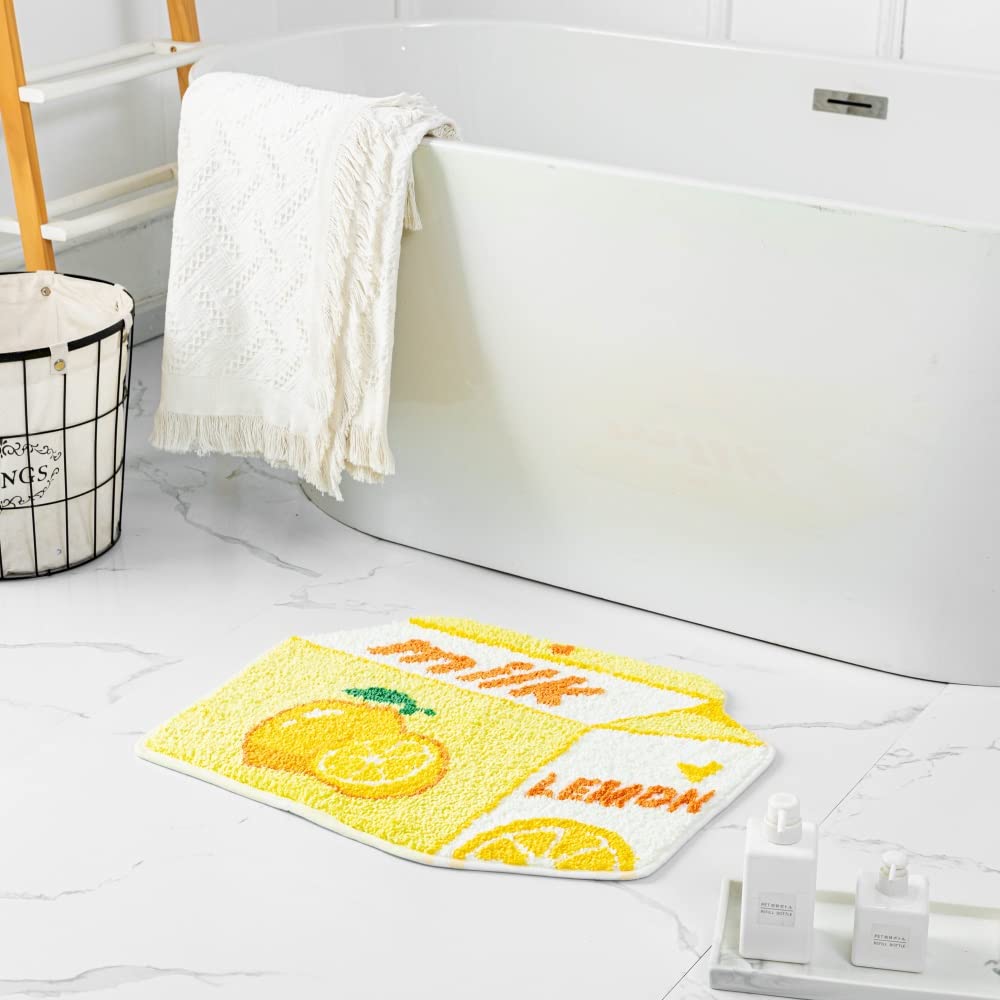 Lemon Fruit Bath Mat For Bathroom Rugs Cute Yellow Absorbent Non Slip Fruit Lemon Bath Rug Milk Cartoon Shaped Fun Plush Microfi