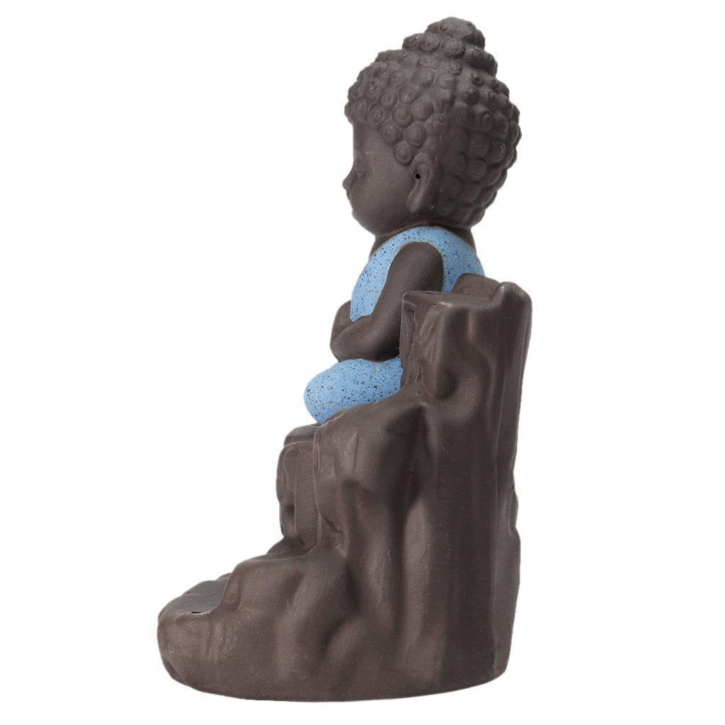 eCraftIndia Meditating Monk Buddha Smoke Backflow Cone Decorative Incense Holder (7 cm x 7 cm x 12, Blue)