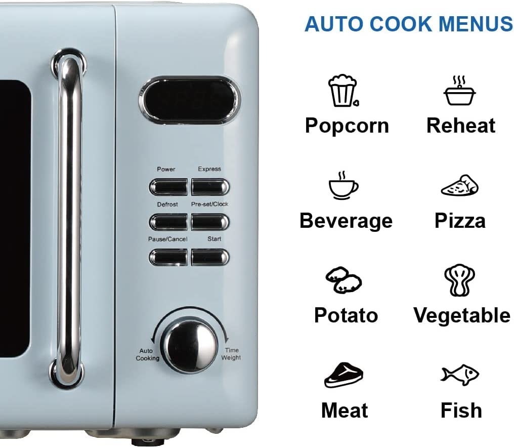 Emerson 7 Cu Ft Retro Digital Microwave Oven, 700W With 5 Micro Power Levels, 8 Pre-Programmed Settings, Express & Defrost, Chro