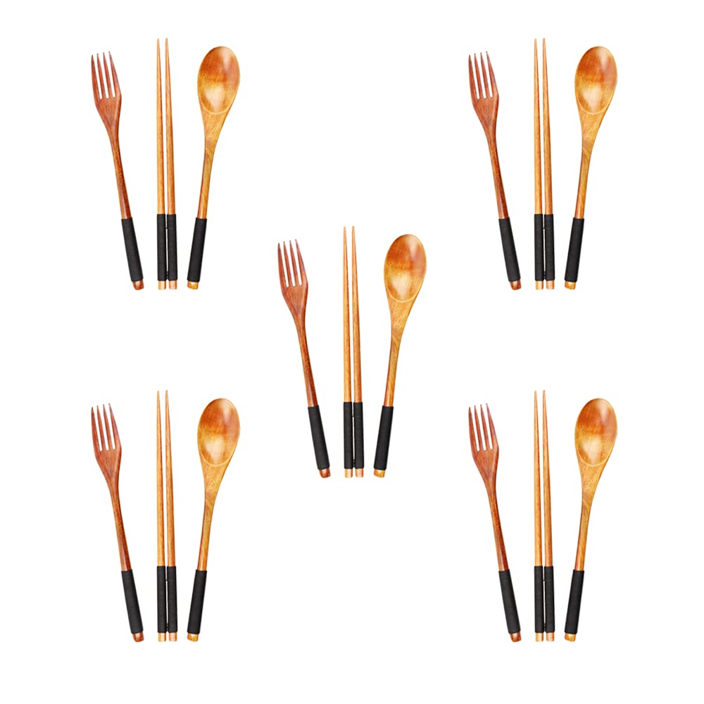PrintSupremacy 3Piece Japanese Wooden Utensil Set Spoon Fork and Chopsticks with Floral Pouch, Foodie Travel Novelty Business, 