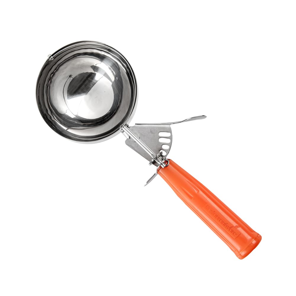 Restaurantware Met Lux 8 Ounce Portion Scoop 1 Durable Disher Scoop - Thumb Trigger Orange Stainless Steel Ice Cream Disher For