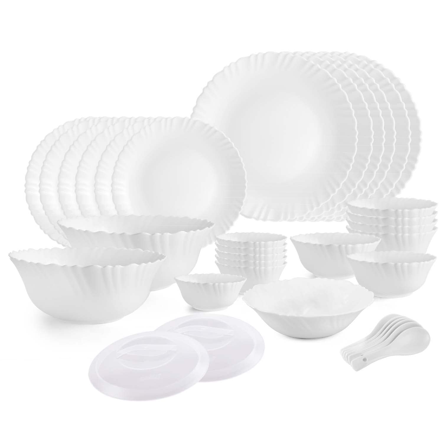 Cello Opalware Dazzle Series Plain Dinner Set, 35 Units | Opal Glass Dinner Set For 6 | LightWeight, Daily Use Crockery Set For