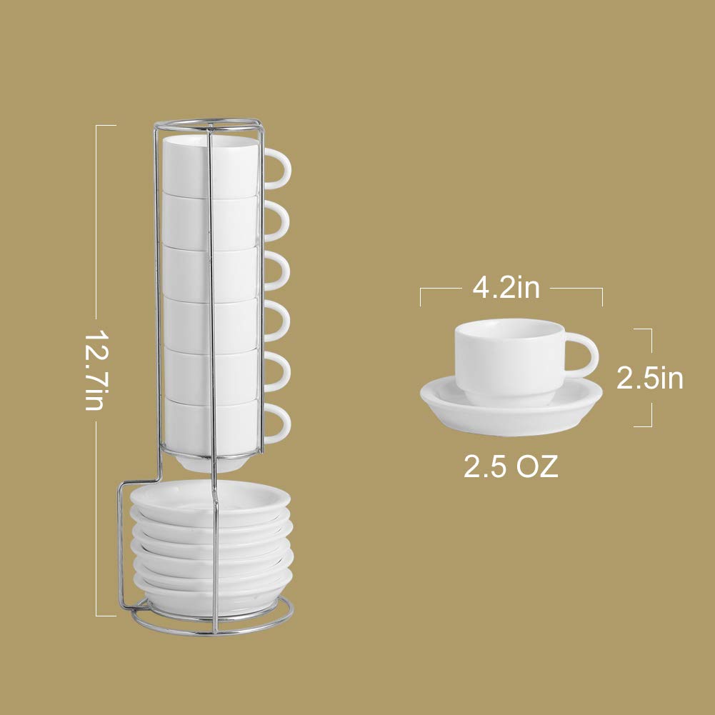 Sweejar Porcelain Espresso Cup & Saucer Set, Stackable Demitasse Cups With Metal Stand, 2.5 Oz For Latte,Coffee,Cafe Mocha,Tea,