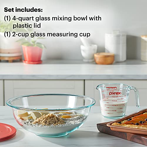 Pyrex Smart Essentials 3-Piece Glass Prep Set, 4QT Mixing Bowl & 2-Cup Measuring Cup, Dishwasher & Microwave Safe, Model 1149091