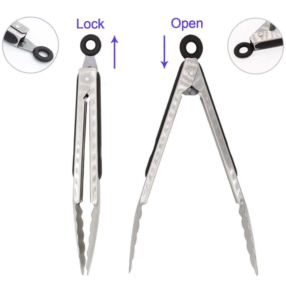 304 Stainless Steel Kitchen Cooking Tongs, 9'' And 12'' Set Of 2 Sturdy Grilling Barbeque Brushed Locking Food Tongs With Ergono
