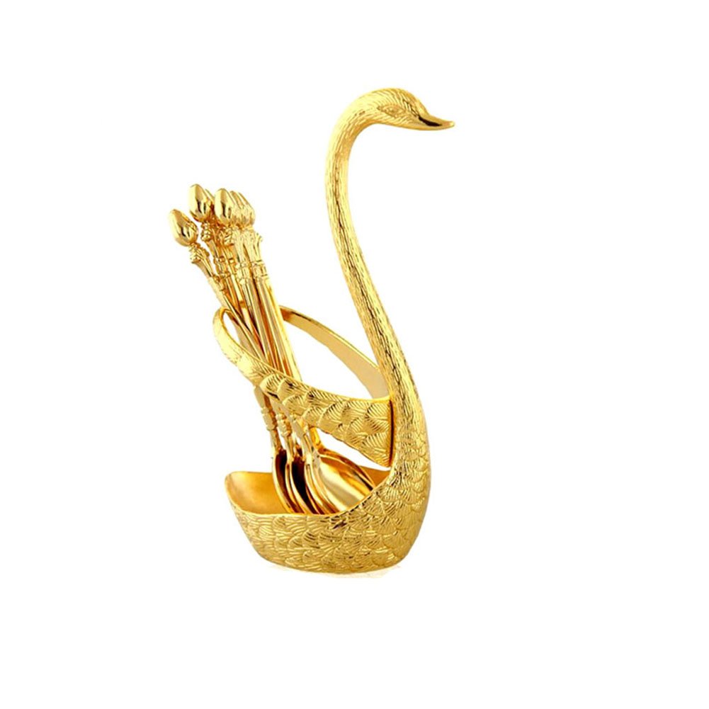 Coffee Dessert Spoon Set,Teaspoon Fruit Dessert Flatware Swan Base Holder Metal Coffee Spoon Organizer With 6Pcs Coffee Dessert