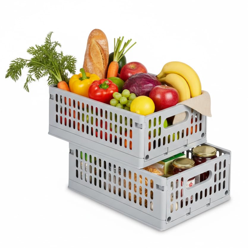 Plastic Storage Crates 10 Kg Capacity Light Grey | 2 Pc Foldable Stackable Collapsible Storage Boxes With Wheels & Side Handles 