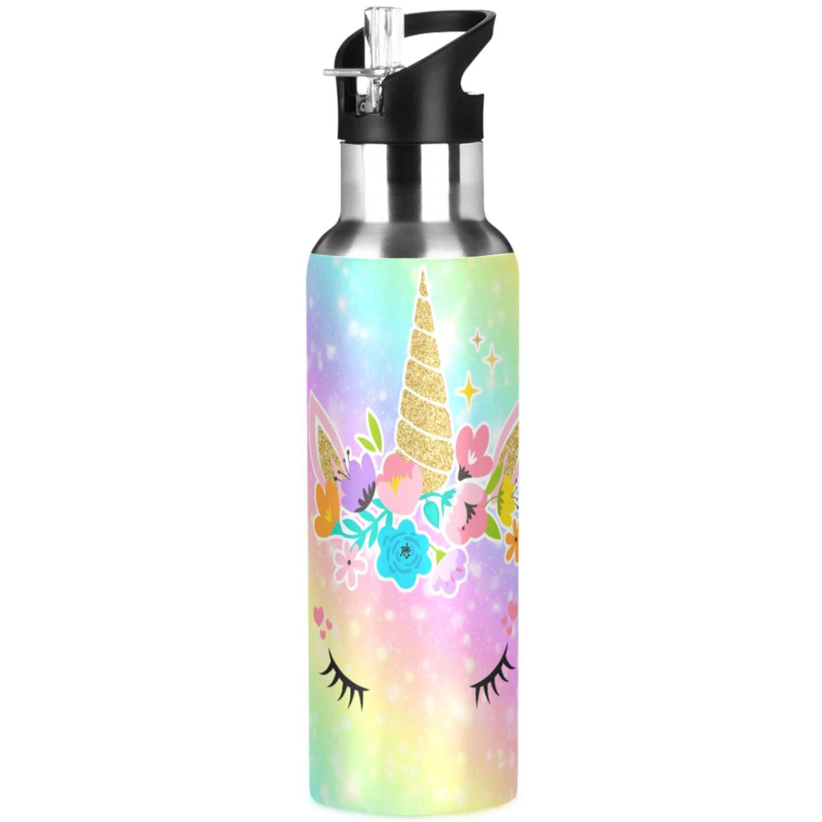 Unicorn Insulated Water Bottles Kids Rainbow With Straw Lid & Handle Reusable Vacuum Stainless Steel 20 Oz