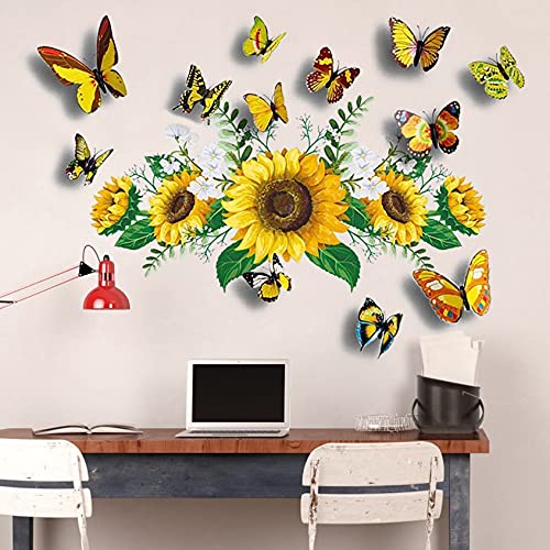 Sunflower Wall Stickers With 3D Butterfly Wall Sticker, Yellow Flowers Wall Decal,Sprt Waterproof And Removable, Sunflower Wall