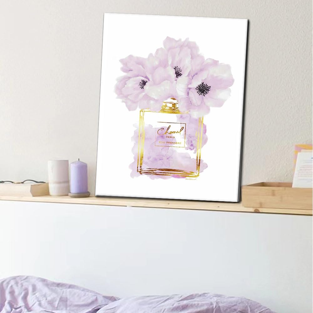 Wall Art Canvas Glam Perfume Pictures Wall Decor Purple And Gold Flowers Canvas Wall Art Girl Home Decor For Bedroom Wall Bathro