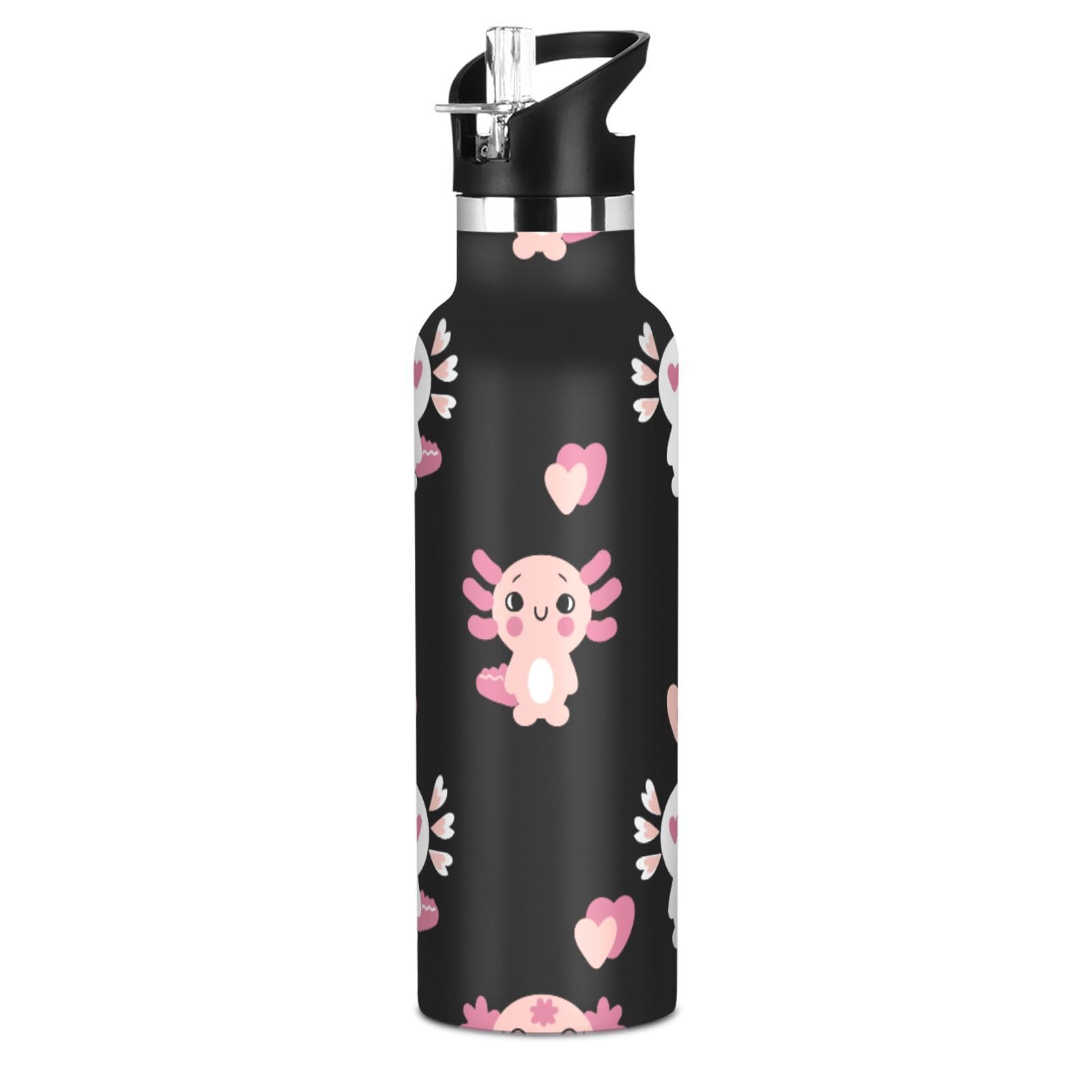 Selerdon Sports Water Bottle Cute Axolotls Heart Stainless Steel Beverage Container 20 oz Coffee Cup with Detachable Straw & Lea
