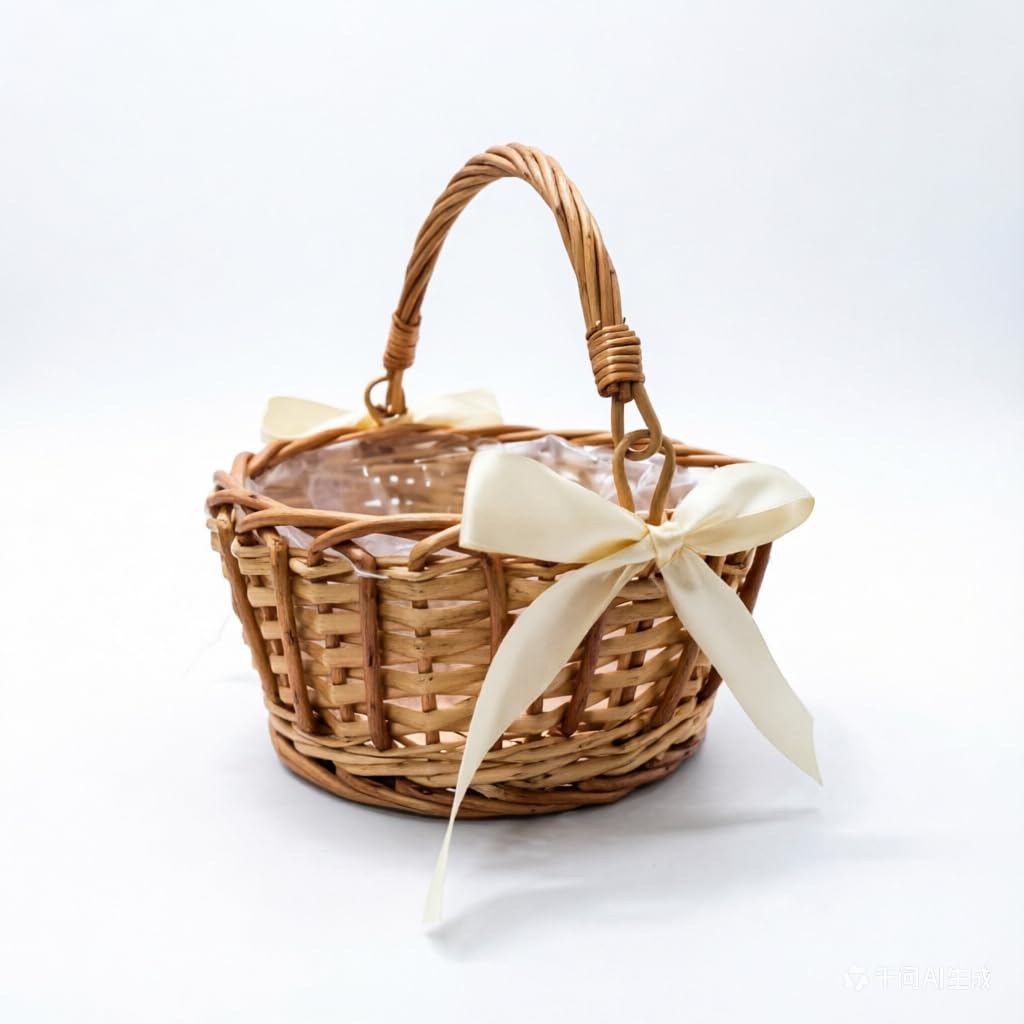 Wicker Flower Girl Basket,Natural Rattan Flower Baskets For Wedding,Easter,Halloween Party Eggs Candy Basket