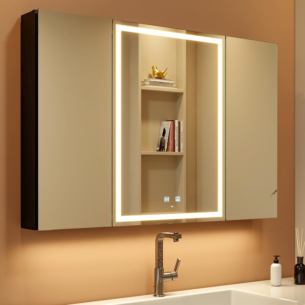 KWW LED Lighted Bathroom Medicine Cabinet with Sockets & USBs, Defogger, Dimmable, 3 Color Light Makeup Mirror, Easy to Install,