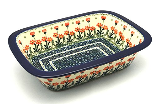 Polish Pottery Baker  Rectangular with Grip Lip  Peach Spring Daisy