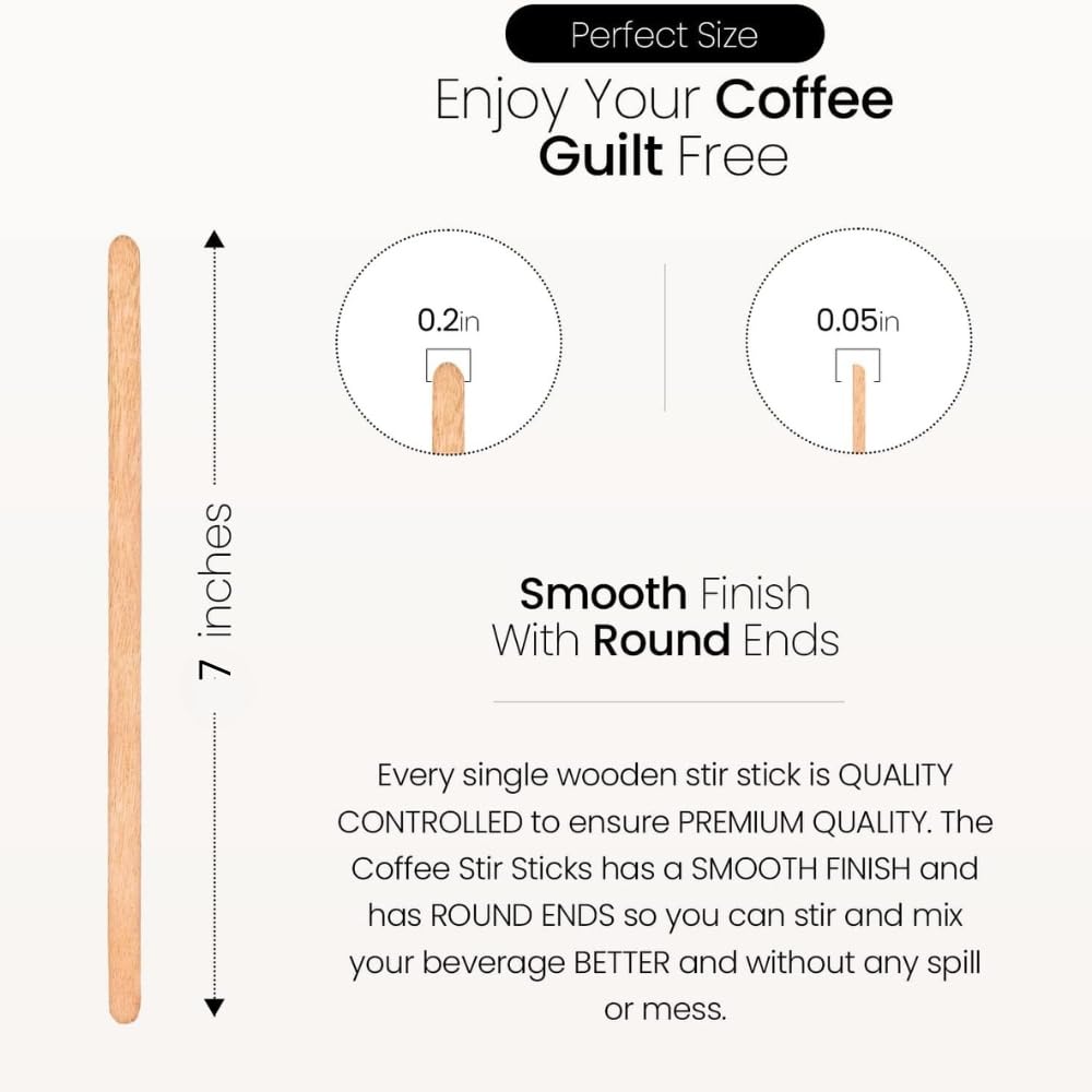 Spixir Coffee Stirrers Disposable Wooden Coffee Stir Sticks - Biodegradable Eco-Friendly Round-End Birchwood 7 Inches Large Wood