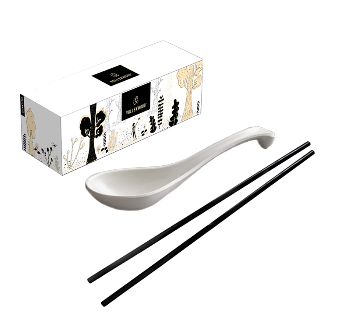 6 White Spoons, 6 Black Chopsticks, By Vallenwood. 12 Pieces Asian Soup Spoons. Not Overpriced. Unbreakable Melamine. Perfect Fo