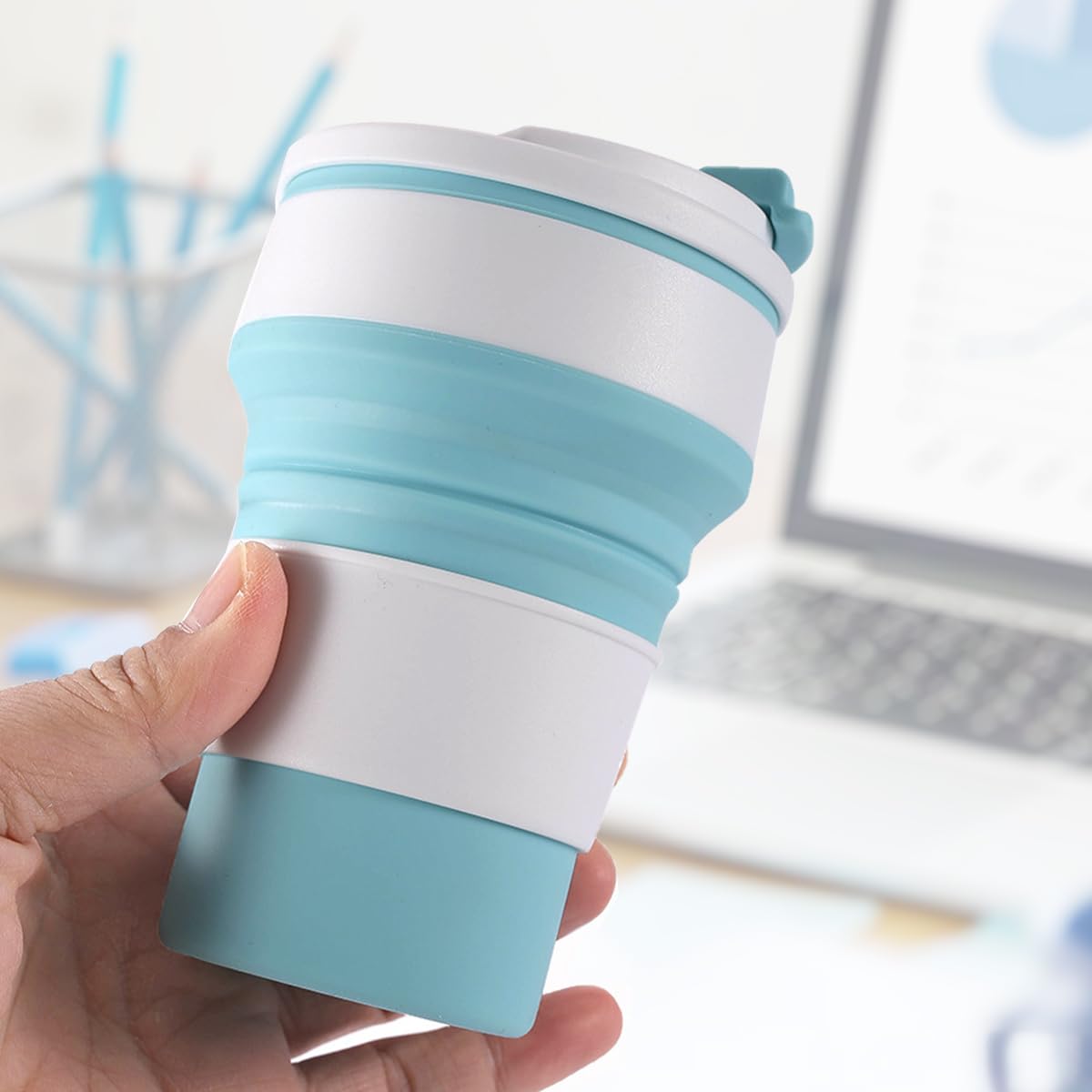 Oligitdi Silicone Collapsible Portable Tea Coffee Water Thermos Travel Mug Cup Heat Insulated for Hot and Cold, Foldable Cup wit