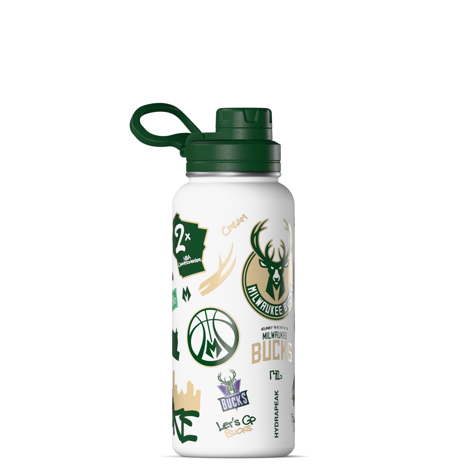 Hydrapeak x NBA Officially Licensed Milwaukee Bucks 32 oz Active Water Bottle with Chug Lid Reusable Stainless Steel Double Wall