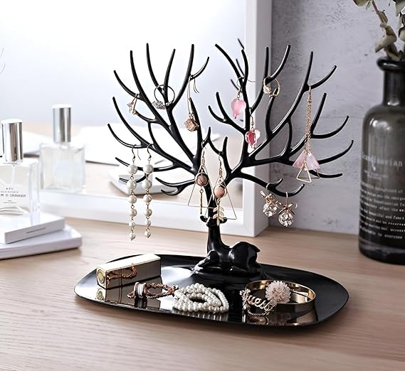 VIKUU Antique Jewelry & Key Holder Stand I Plastic Black Deer Tree Tray Display Stand Holder I Perfect for Home, Office, Kitchen