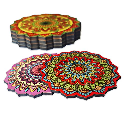 Ambiyaa Pine Set Of 6 Mandala 4 Inch Coasters | Unique Handmade Designs | Flower Shaped | 10 Cm Diameter