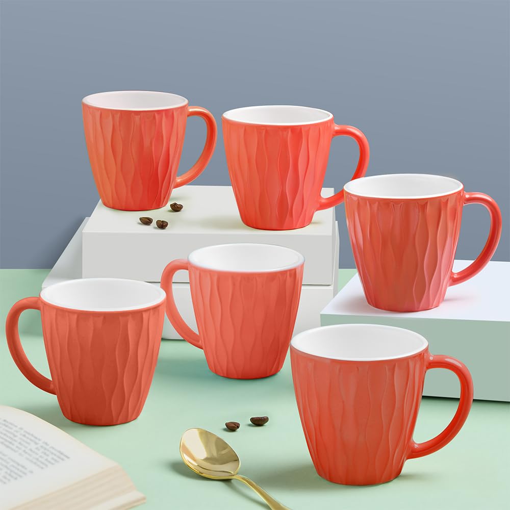 Larah By Borosil 6Pc Opalware Curl Sunset Orange Tea/Coffee Mug Set (200 Ml Each) | Microwave & Dishwasher Safe, BoneAsh Free |